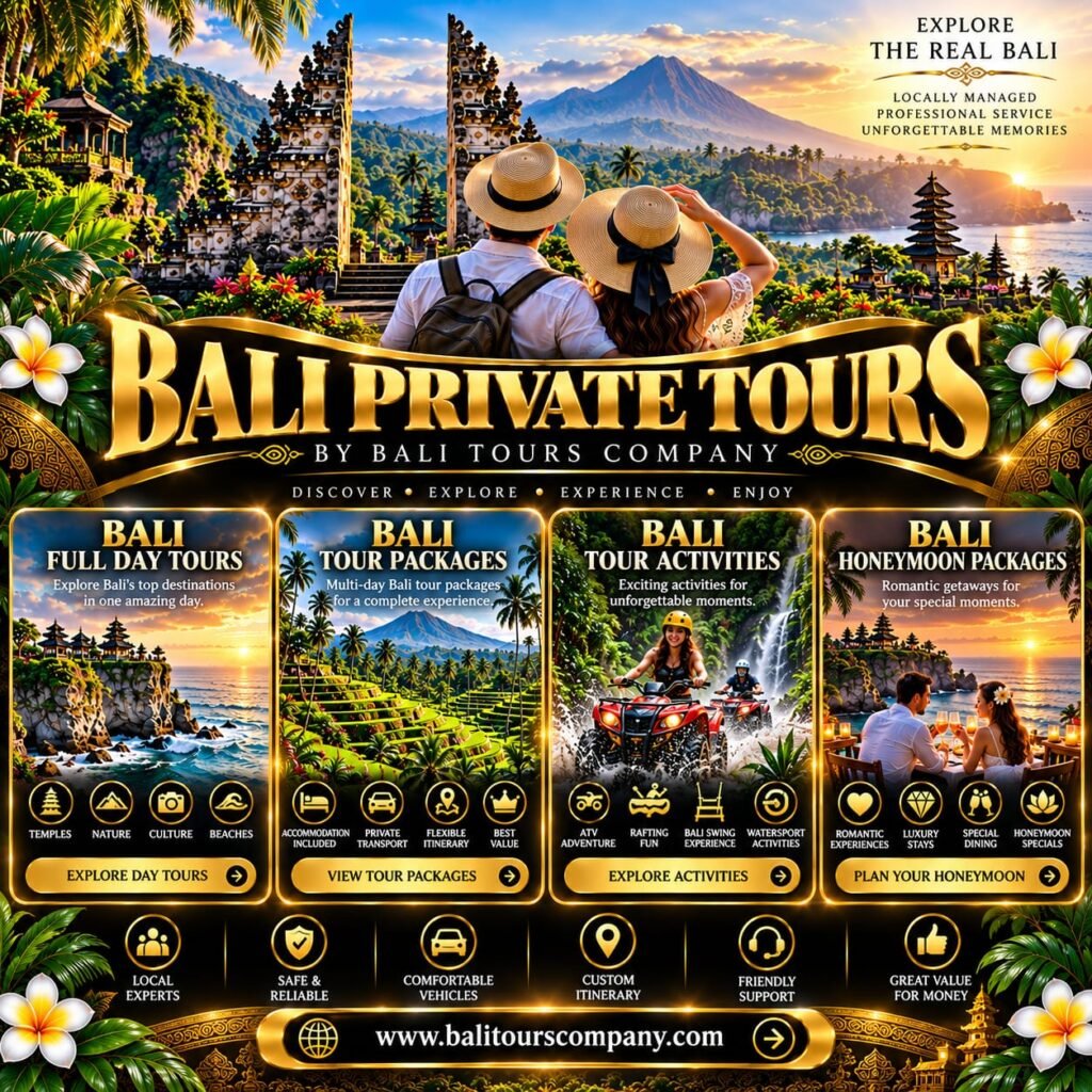 Discover the beauty of the Island of the Gods with Bali Private Tours by Bali Tours Company. Managed by local Balinese experts, we offer personalized travel experiences designed for couples, families, friends, and groups. Explore Bali with flexible itineraries, comfortable transportation, and friendly local service.